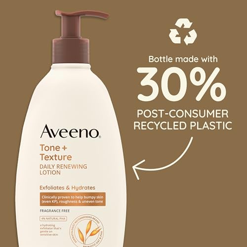 Aveeno Tone + Texture Daily Renewing Body Lotion With Prebiotic Oat, Gently Exfoliates & Hydrates Sensitive Skin, Clinically Proven to Help Bumpy, Rough Skin, Fragrance-Free, 18 Fl. Oz